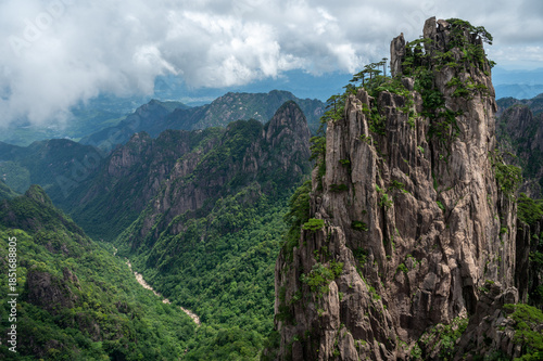 Beautiful view on the trail of Mount Huangshan, gorgeous rocks and strange pine in the mountain, in Anhui Province, China.
