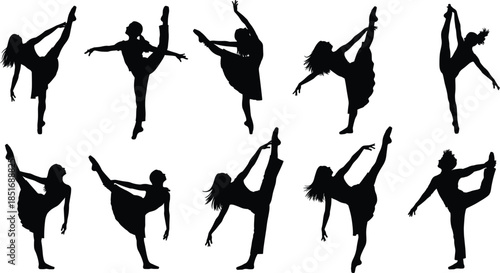 Ballet Dancers Silhouettes Performing Various Poses on White Background Keywords: ballet, dancer, silhouette, dance, pose, woman