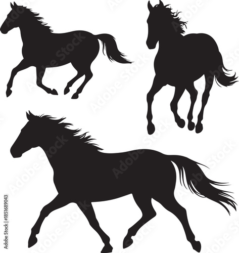 Silhouettes of three galloping horses isolated on transparent background