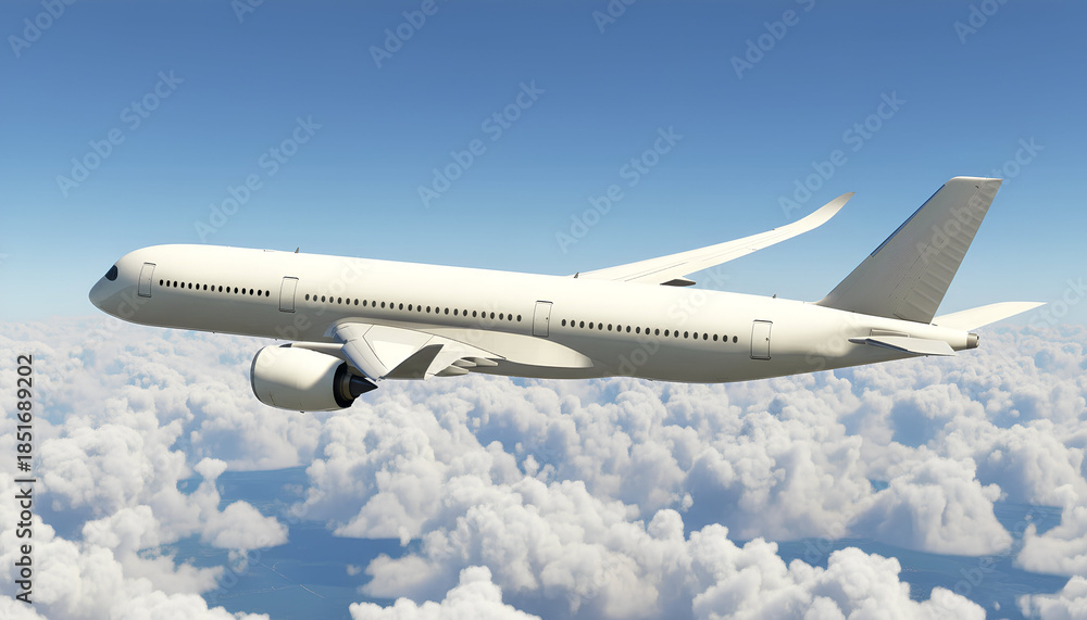 Obraz premium White Airplane Airbus A350 Modern Passenger Jet Plane Flying Above the Clouds with Blue Sky side view
