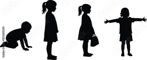 Child development silhouette progression, infant crawling to toddler standing, preschool growth stages, posture mobility milestones, early childhood physical development illustration