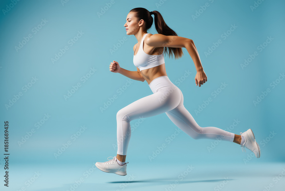 Fototapeta premium Female Athlete Running – Dynamic Fitness Pose in White Sportswear for Empowerment, Wellness Blogs, and International Women's Day Inspiration