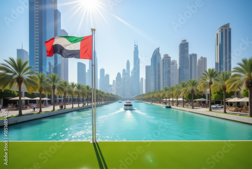 UAE National Flag and Turquoise Canal – Modern Abu Dhabi Cityscape for Commemoration Day Celebrations and Tourism Presentations