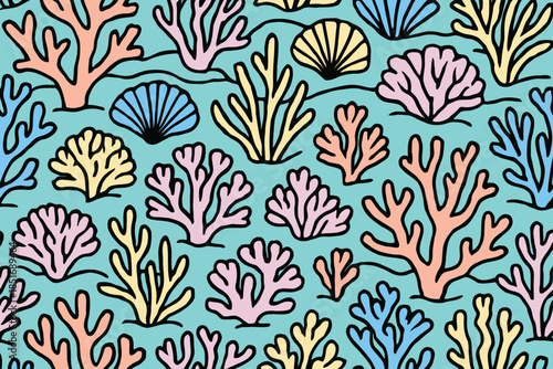 Soft pastel sea shell and coral pattern on light blue background