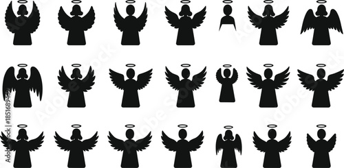 Collection of black angel silhouettes with halos and wings vector illustration