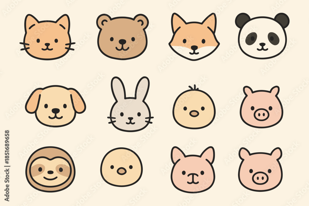 Fototapeta premium Collection of cute flat animal face icons including cat bear fox and panda