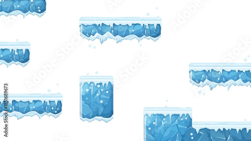 Frozen blue ice blocks arranged in rows on a white background with a shallow depth of field.