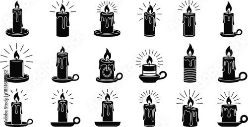 Collection of black silhouette candle icons with dripping wax and light rays Keywords: candle, candles, silhouette, icon, icons