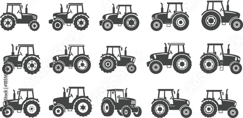 Collection of black tractor icons on a white background farm agriculture