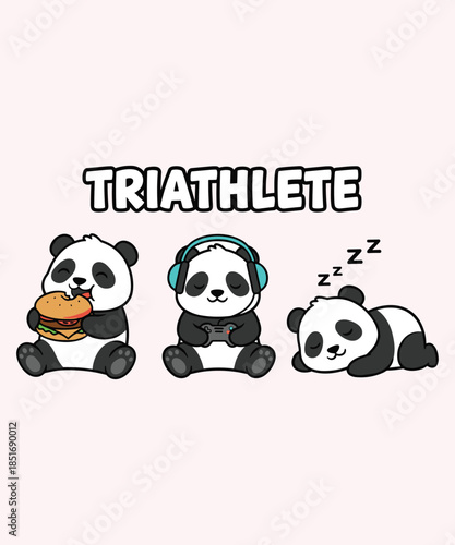 Triathlete panda eating, gaming, sleeping vector illustration