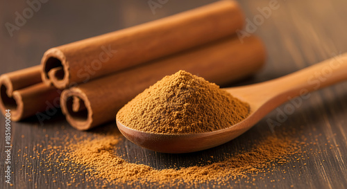 Cinnamon sticks and powder on wooden surface spice
