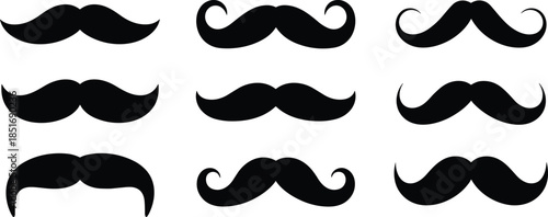 Collection of nine black mustache silhouettes in various styles on white background moustache facial hair