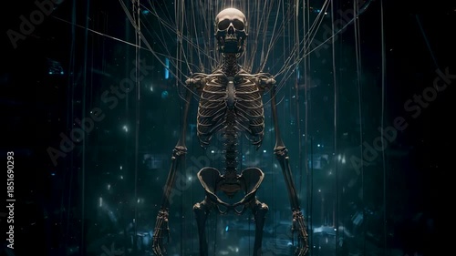 Human skeleton suspended upright with glowing particles and vertical cables in dark digital environment