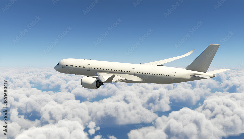 Obraz premium White Airplane Airbus A350 Modern Passenger Jet Plane Flying Above the Clouds with Blue Sky side view