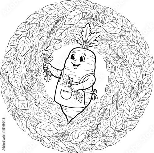 Cute Cartoon Radish Character in Apron Gardening Coloring Page, Raphanus sativus Root Vegetable Mandala Line Art Illustration for Kids and Adults.