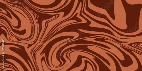 Retro coffee color background. Milk chocolate liquid dessert texture. Wavy swirl candy pattern for poster, cover, banner, pamphlet. Vintage brown trippy hippie wallpaper in 60s or 70s style. Vector