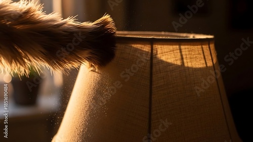 Feather Duster Cleaning Wooden Furniture Surface.