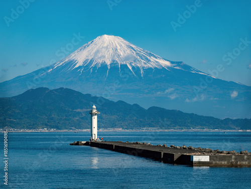 Obraz na plátne The offshore lighthouse provide a picturesque foreground to the iconic Mount Fuj