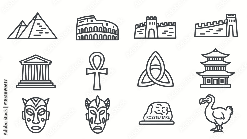 Fototapeta premium Ancient Civilizations and Historical Landmark Icons Set.
