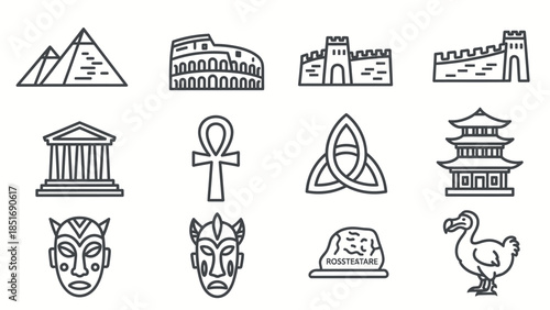 Ancient Civilizations and Historical Landmark Icons Set.