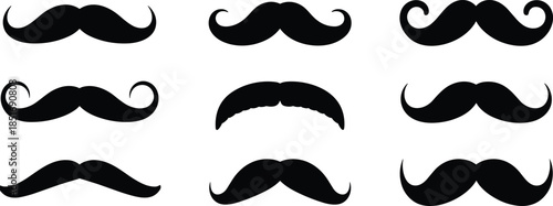 Nine Black Silhouette Mustaches in Various Styles on White Background moustache facial hair