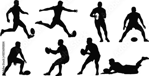 Rugby Players Silhouettes in Action Poses on White Background Keywords: rugby, player, silhouette, sport, game, action, kick