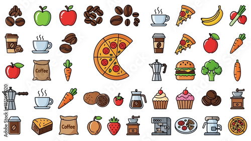Assorted Food and Drink Icons Collection Vector Illustration.