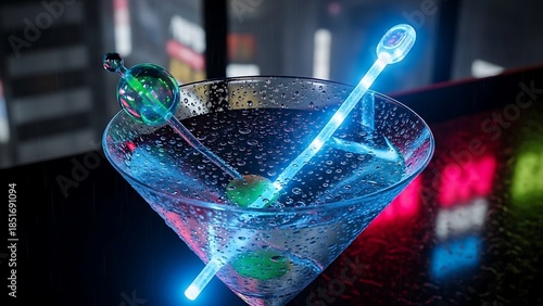 Glowing Blue Martini Cocktail with Neon Straw.
