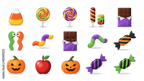 Assortment of Halloween Candies and Treats Collection.
