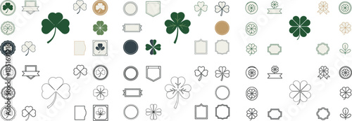 Diverse selection of green shamrock icons paired with banners, shields, and frames on a clean white surface