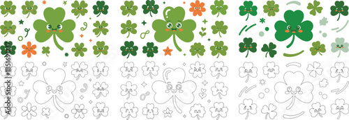 Fun assortment of cartoon shamrock characters with smiling faces alongside stars and other playful shapes