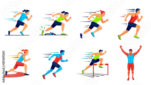 Athletes running and jumping during a track and field competition.