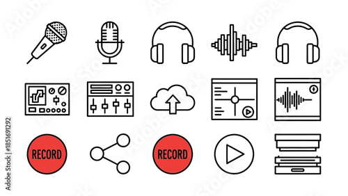 Audio Recording and Production Line Art Icons Set.