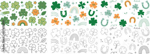Cheerful and cute cartoon shamrocks with horseshoes and rainbows