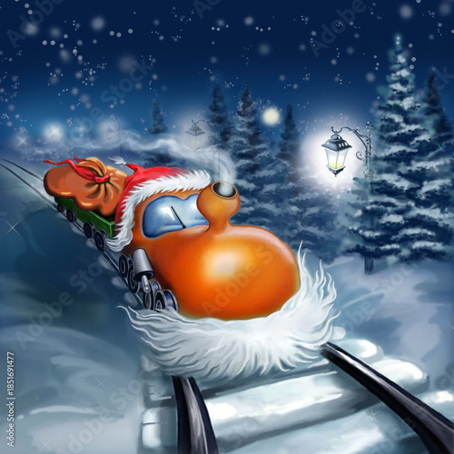 Fairy locomotive in holiday postcard style. Merry christmas and happy new year concept.
Christmas train traveling through snowy forest landscape. Christmas travel concept. Festive holiday scene