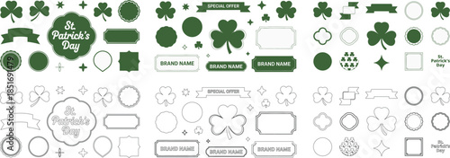 Collection of St Patricks Day badges frames and labels with shamrocks and special offer text