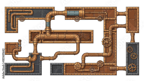 A detailed illustration of a steampunk-style mechanical system with copper pipes and gears on a white background.
