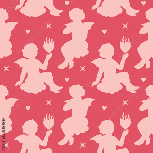 A bright anti-Valentine's Day concept seamless background featuring silhouette hearts in flames and devil cupids. A flirty, scarlet tone backdrop