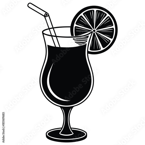  A black and white drawing of a glass of cocktail with a lemon wedge on it