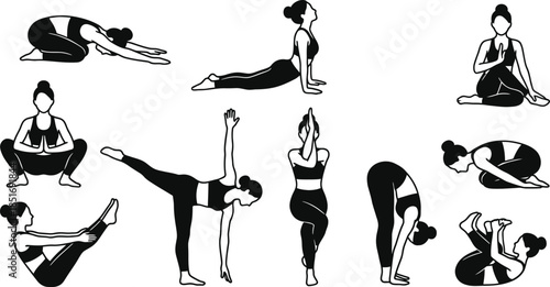 Mindful Movement Stretching Poses Vector Set for Wellness