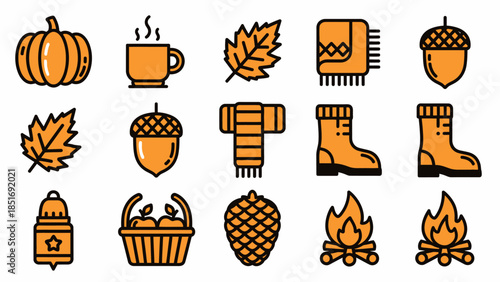 Autumn Season Elements Collection with Pumpkins and Leaves.