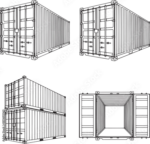 Set of Shipping containers Outline vector illustration isolated On Transparent Background