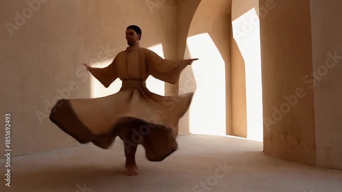 Male dancer in a light brown traditional robe performing a serene whirling dance in a historical building with elegant archways.