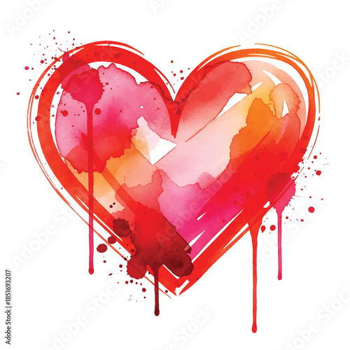 Vibrant watercolor heart with red, pink, and orange hues on a white background with drips and splatters.