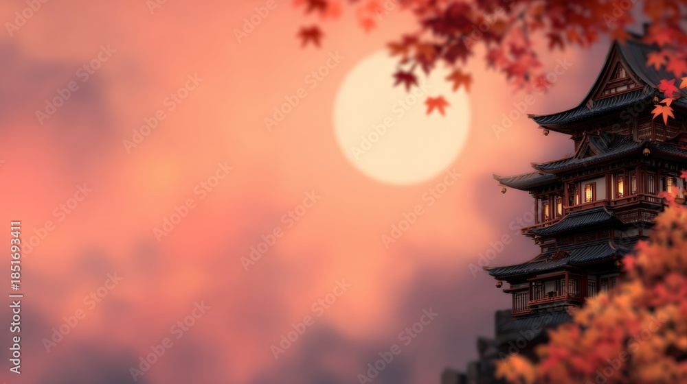 Obraz premium A serene landscape featuring a traditional Asian pagoda silhouetted against a vibrant sunset, surrounded by autumn leaves, This image is ideal for travel articles, cultural presentations
