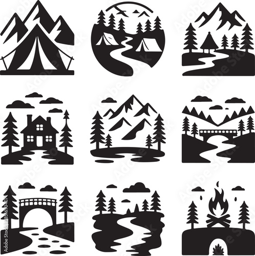 Minimalist camping and nature icons set isolated on transparent background