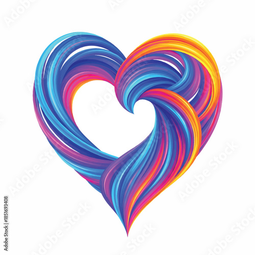 Vibrant, swirling heart shape with multicolored stripes on a white background, conveying love and diversity with a mix of blue, pink, orange, and purple hues.