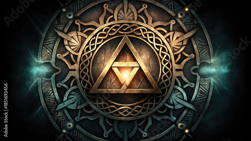 Asgard runes with gold and metal triangle symbol concept. Intricate geometric design featuring a central triangle symbol.