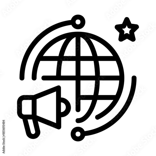 Global connectivity depicted with a globe, satellite links, a star, and a megaphone suitable for telecommunications and global communication concepts.
