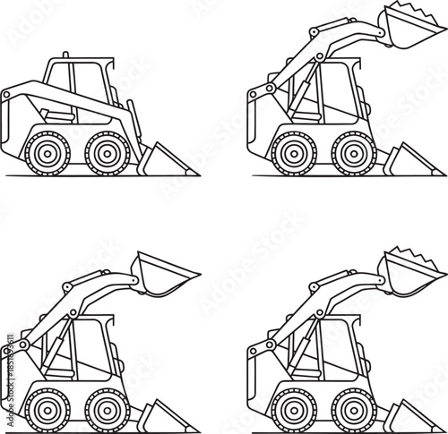 Set of Skid steer loaders Outline vector illustration isolated On Transparent Background